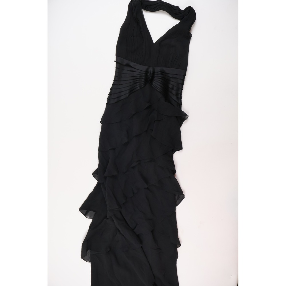 Tadashi Shoji Halter Gown Tiered Ruffle Silk Chiffon Black 4P Silk